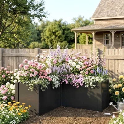 Produktbild von Hochbeet L-förmig, Pflanzbeet Frühbeet verzinkter Stahl, wetterfest, Schwarz | 150 x 150 x 55 cm | 21,5 kg