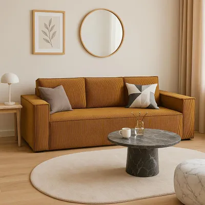 A living room scene featuring a sofa, coffee table, and rug.