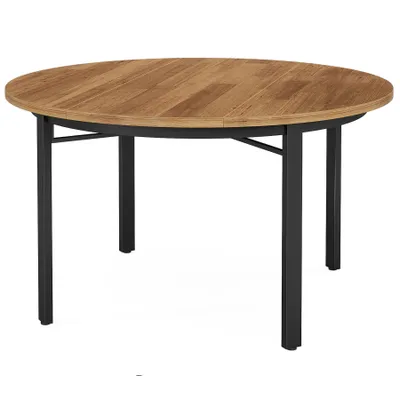 Image de LITTLE TREE Table à manger ronde, 120 cm Table à manger industrielle, table de cuisine ronde rustique en bois brun avec pieds métalliques stables, table de salle à manger