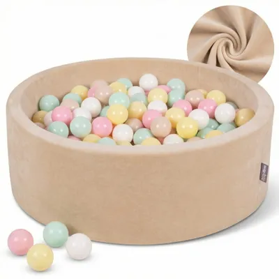 Zdjęcie produktu dla 1182 KiddyMoon Suchy basen okrągły VELVET z piłeczkami 7cm beż piasku: pastelowy beż-pastelowy żółty-biały-mięta-pudrowy róż 90x30cm/200piłek Zabawka basen piankowy
