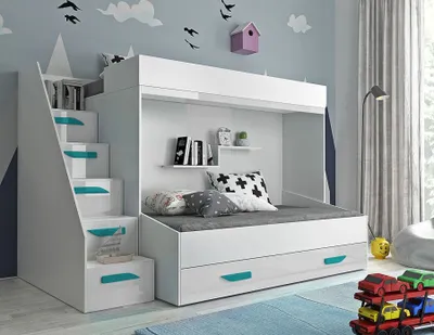 Produktbild von Derry Etagenbett für Kinder mit Stauraum – Weiß/türkise Griffe