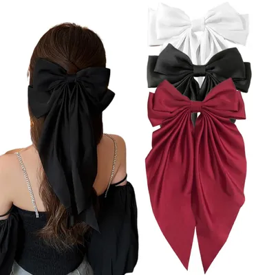 Produktbild von Set mit 3 Satin-Haarschleifen für Damen, große Haarschleifen, französische Stoffhaarschleifen für Frauen und Mädchen (schwarz, rot, weiß)