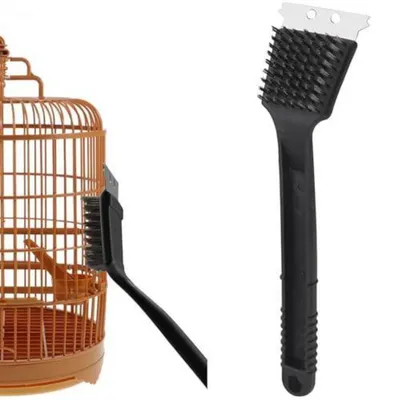 Image de Brosse pour cages d'oiseaux avec long manche et grattoir, brosse de nettoyage en acier inoxydable pour cages d'oiseaux et mangeoires