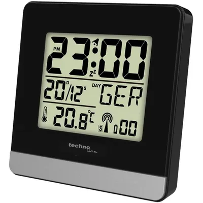 A digital clock displaying time, date, and temperature.