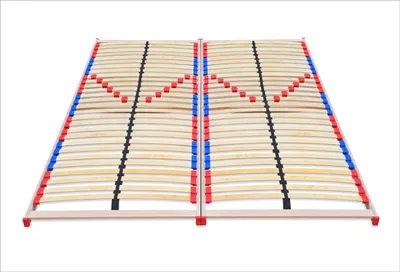 A wooden bed frame with slats on a white background.