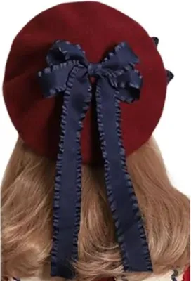 Produktbild von Stylische Damen-Baskenmütze mit Schleife in Burgundy für den Winter KP23194