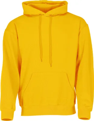 A plain yellow hoodie is shown against a white background.