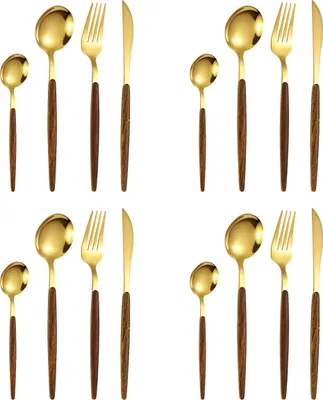 Produktbild von 16-teiliges Besteckset mit Holzgriffen und mattgoldenen Köpfen, Edelstahl-Besteckset, Küchenhelfer-Set, Servierset für 4 Personen