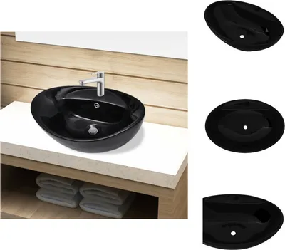 Produktbild von Keramik Waschbecken Hahnloch/Überlaufloch schwarz oval - Badezimmer-Waschbecken
