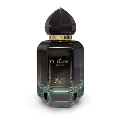 A studio shot of a black glass perfume bottle with a faceted black cap and gold accents.
