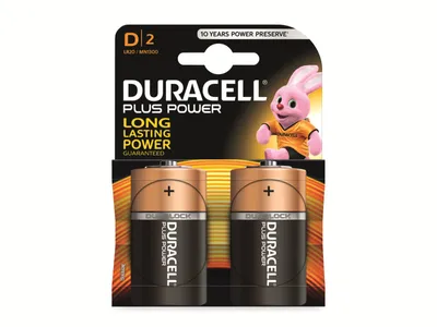 A blister pack of Duracell D batteries with a cartoon bunny mascot.