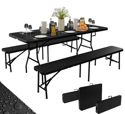 Produktbild von 24MOVE® Bierzeltgarnitur 3-teiliges Set Klappbarer Tisch und 2 Bänke aus Rattan, wetterfeste Gartengarnitur für drinnen & draußen