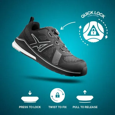 A black Albatros safety shoe is shown floating against a blue background, with graphics illustrating its quick lock lacing system.