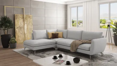 Produktbild von S-STYLE MÖBEL - Modernes Ecksofa Frema mit Silber Metall Füßen aus Silber Luxusmicrofaser - Ottomane links, B/T/H: 277 cm/ 200 cm/