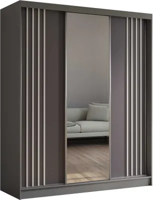 Produktbild von AGMAT Schwebetürenschrank Lugo, Kleiderschrank mit 3 Türen und Spiegel und 2 Schubladen, Moderne Garderobe in Farbe: Graphit / Graphit, Schrank in Größe: 180 x 216 x 61 cm