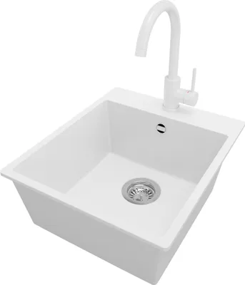 Produktbild von PRIMAGRAN Granitspüle Weiß 43x50cm, Spülbecken 1 Becken + Küchenarmatur 32x20cm + Ablauf-Set, Küchenspüle ab 45er Unterschrank - Riga