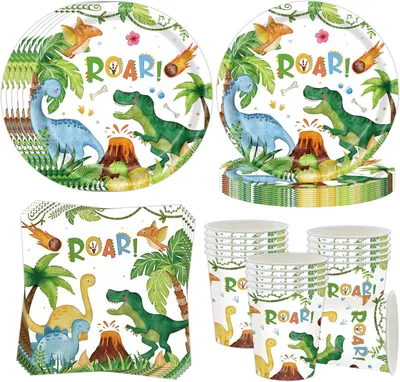 Zdjęcie produktu dla Zestaw naczyń "Dinozaur" na 16 osób, 52 sztuki: talerze papierowe, kubki, serwetki, idealny na przyjęcie
