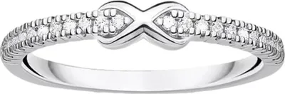 A close-up studio shot of a silver ring with an infinity symbol design, set against a white background.