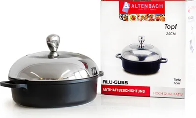 Produktbild von Altenbach Kochtopf Alu-Guss mit 3-facher TEFLON-Antihaftbeschichtung, 24 cm, Für alle Herdarten, Dampfauslass-Glasdeckel, Spülmaschinengeeignet AT24F