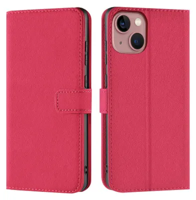 A pink book-style phone case for an iPhone 14, shown from both the front and back.
