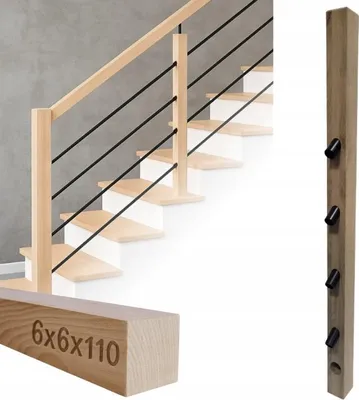 Immagine prodotto di Legno squadrato - palo in legno - per ringhiere - 6 x 6 x 110 cm - legno di quercia - kit di montaggio completo - montaggio di tubi ⌀ 25 mm ad angolo di 32°