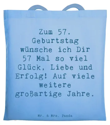 Produktbild von Mr. & Mrs. Panda Tote Bag Spruch 57. Geburtstag Glück - Sky Blue - Geschenk, Shopping Tasche, Jutebeutel, Happy Birthday, herzliche Botschaft, Laptoptasche, Alter, canvas