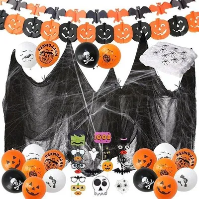 Obrázek produktu pro Halloweenská dekorace v sadě s balónkem s pavučinou a nápisem – 56 dílů – halloweenská zahradní dekorace
