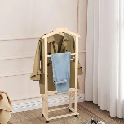 Image de Porte-vêtements autoportant sur roulettes - Patère en bois et organisateur de vêtements