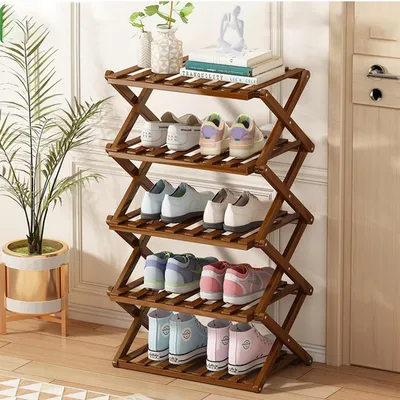 Immagine prodotto di Scaffale per scarpe in bambù, 5 ripiani, pieghevole, salvaspazio, per 16-20 paia, dimensioni 50x25x90 cm