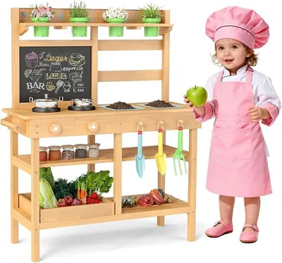 Imagen del producto de Cocina de juguete para exteriores, cocina infantil con pizarra, grifo, fregadero, macetas y accesorios de jardín. Cocina de madera para exteriores, ideal para niños a partir de 3 años