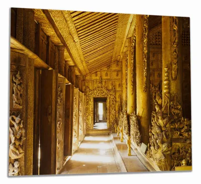 Produktbild von Wallario Herdabdeckplatte aus Glas, Größe 60 x 52 cm 1-teilig, Motiv Buddhistischer Tempel aus Holz - Mandaley