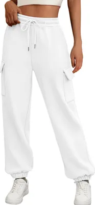 Image de ASKSA Pantalon Femme Cargo Pantalon d'entraînement Cordon de serrage Pantalon de sport Pantalon de jogging Taille Haute Loose Chaud Polaire avec poches (Blanc,L)