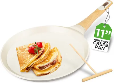 Produktbild von NutriChef Crepe Pfanne 28 cm Weiß– Antihaft & Marmorbeschichtet Mit Holzspatel, Induktionsgeeignet & spülmaschinenfest Für Crêpes, Dosas & Pfannkuchen