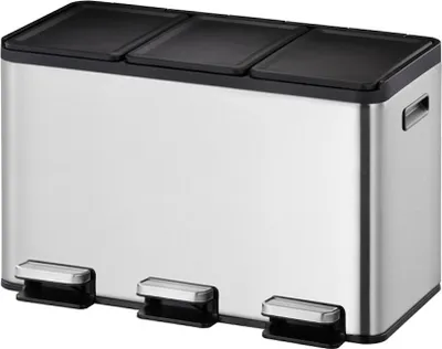 Produktbild von Rechteckiger Treteimer aus gebürstetem Edelstahl mit getrennten Soft-Close & Stay-Open Deckel | 10+10+10 Liter, HxBxT 37,1x59,5x32,1cm | Silber