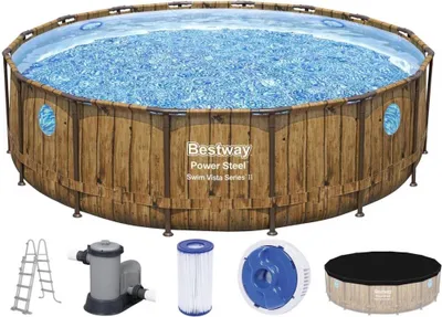 Produktbild von Bestway® Power Steel™ Swim Vista Series™ Frame Pool Komplett-Set mit Filterpumpe Ø 488 x 122 cm, Holz-Optik (Pinie), rund