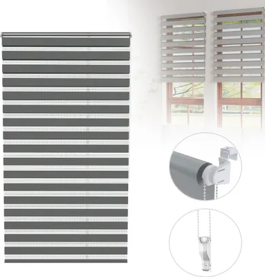Obrázek produktu pro LZQ Dvojitá roleta Klemmfix bez vrtání - 100×150 CM, šedá průsvitná a zatemňující, nastavitelná, boční stahování zebra rolety pro okna a dveře, ochrana proti slunci a dekorace