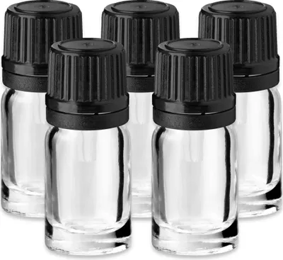 Produktbild von 5x Klare Glasflasche 5 ml mit schwarzem Tropfeinsatz Probefläschchen