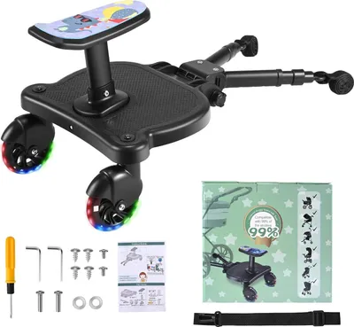 Immagine prodotto di Piattaforma aggiuntiva per passeggino a LED - Piattaforma universale con sedile - Piattaforma per il secondo bambino (1-2 anni) - Compatibile con passeggini e jogger - Nero