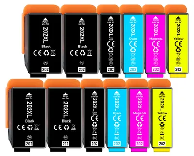 A collection of printer ink cartridges arranged in two rows.