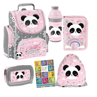 Obrázok produktu pre Goldkids - Školské aktovky pre chlapcov a dievčatá, sada 6 kusov - Školský batoh pre deti s peračníkom - Fľaša na pitie a obedár - Panda