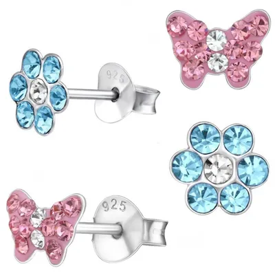 Kinder Ohrringe Set – Blau Schmetterling & Blume Ohrstecker für kleine Mädchen