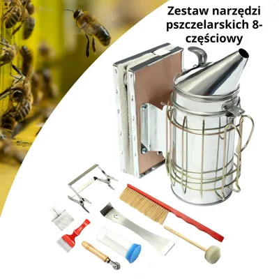 Zdjęcie produktu dla 8-częściowy zestaw narzędzi pszczelarskich ze stali nierdzewnej – z podkurzaczem, szczotką, chwytakiem do matki i widelcem odsklepiającym
