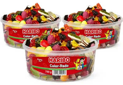 Produktbild von Haribo Color-Rado Fruchtgummi Lakritz Mischung 3er Pack (3x750g Runddose) + usy Block