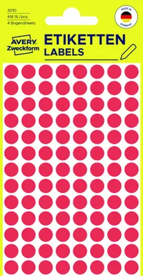 Produktbild von Avery Zweckform 3010, Markierungspunkte, ? 8 mm, 416 Markierungspunkte / 4 Bögen, Rot