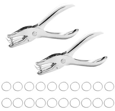 2 manuelle Locher + 20 Bindringe, Metall, 13x6,2 mm, 30/40 mm