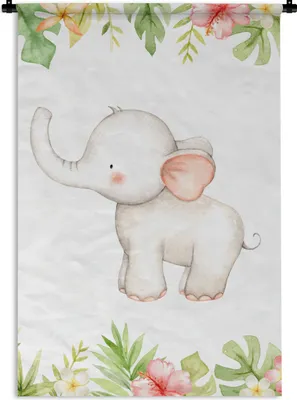 Produktbild von MuchoWow® Wandteppich Wandbehang Elefant - Blumen - Aquarell 60x90 cm Tapisserie Dekoration Wandtuch - Foto-Teppich - Abwaschbar