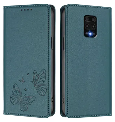 Produktbild von Lederhülle für Xiaomi Redmi Note 9S/ 9 Pro/ 9 Pro Max, Schmetterling Prägung Leder Brieftasche Schutzhülle mit Ständer Grün