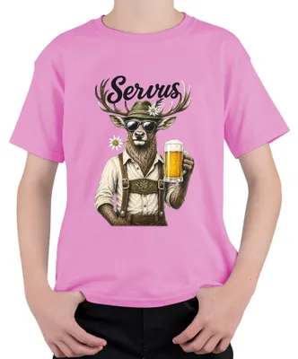 Productafbeelding van Servus Hirsch, Bayern, lederhosen, bier, , dirndl, Wiesn, alm, kinder t-shirt, roze, maat 116