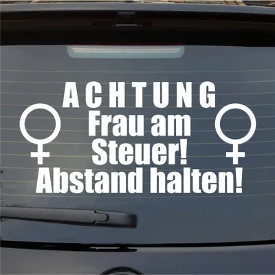 Produktbild von Heckscheibenaufkleber ACHTUNG Frau am Steuer Abstand halten 55x40 cm Weiss Matt Auto Aufkleber Sticker