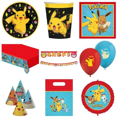 Produktbild von Pokemon Partyset Kindergeburtstag Deko mit 6 Hüten, 6 Tüten und Folienballon